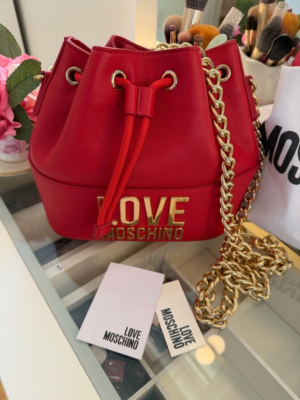Love Moschino Red Drawstring Bucket Bag with Gold Chain